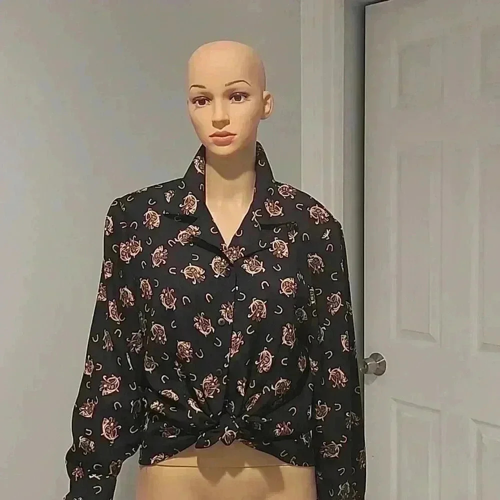 Womens Black Floral Button-Front Shirt
